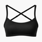 A black sports bra with wide underarm cups and thin crossed shoulder straps, shown against a plain white background.