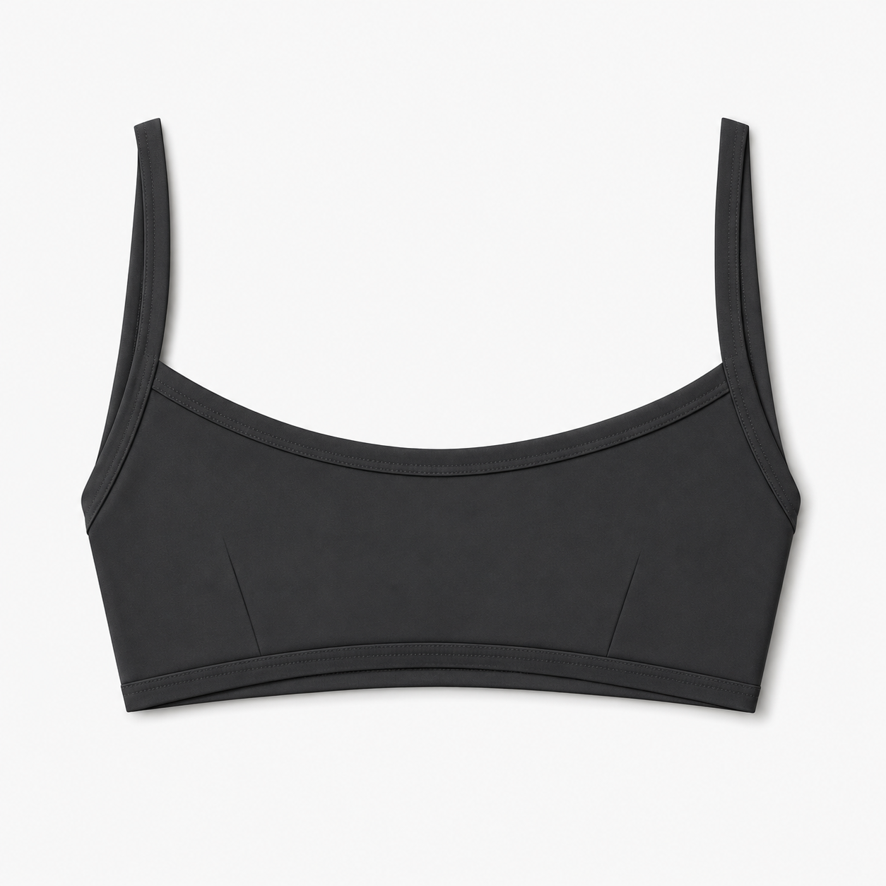 A grey scoop-neck bralette (pole top) with wide shoulder straps, shown flat against a light gray background.